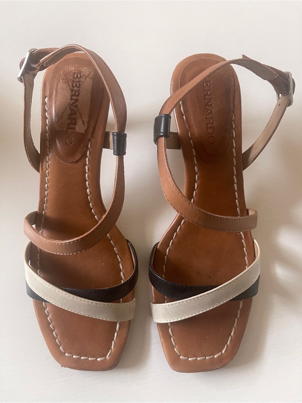 Bernardo Brown Black Cream Leather Multi-Strap Sandals